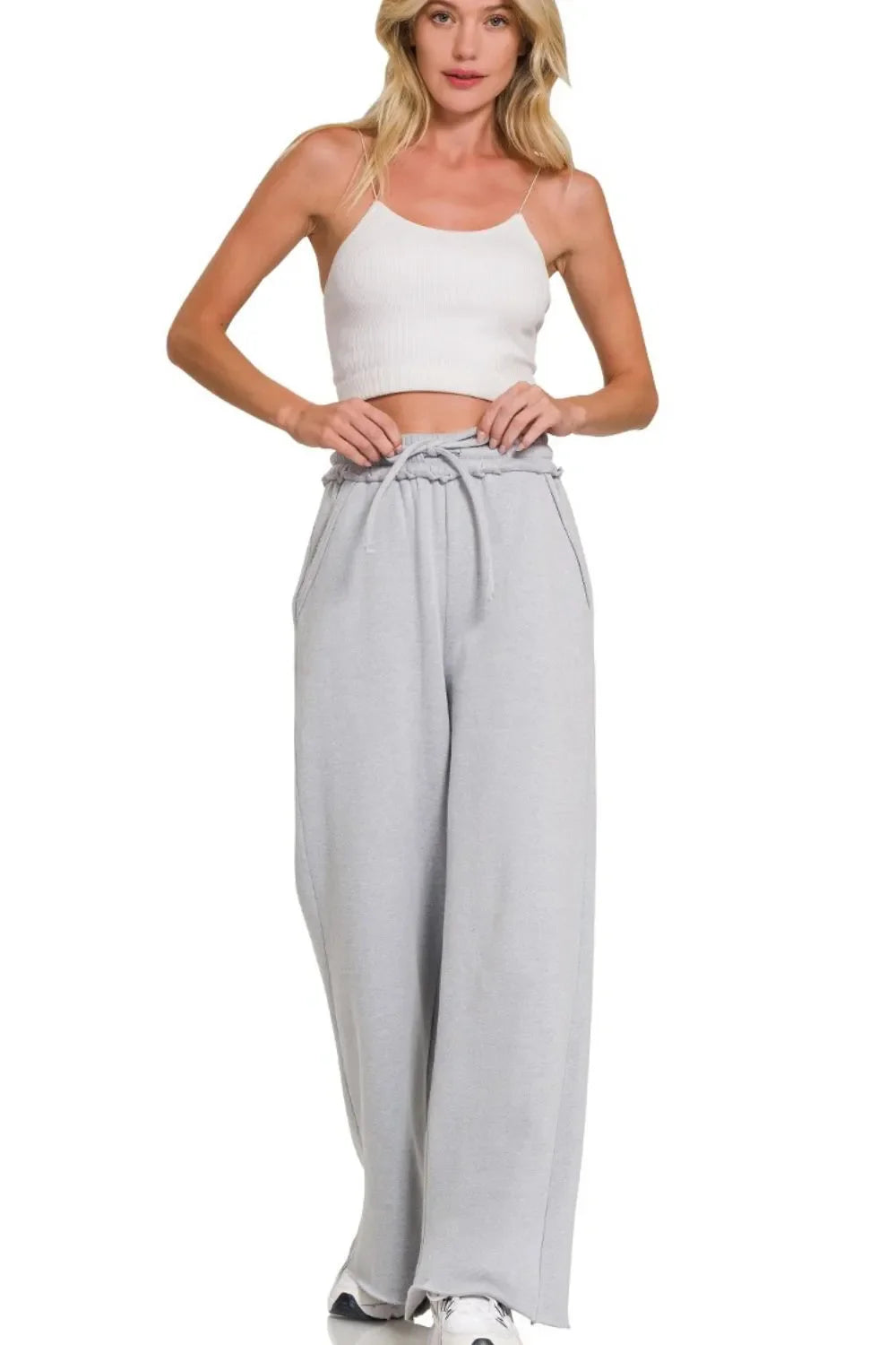 Heather Gray Wide-Leg Pants – High Waist, Drawstring & Cotton Blend